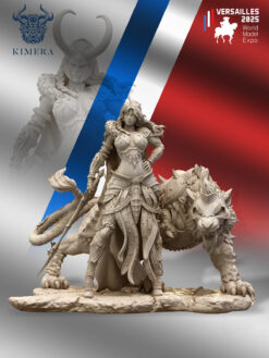 Raja – The Dragon Huntress 80mm miniature with armored tiger companion, WME 2025 exclusive edition, sculpted by Alberto, concept by Luca Marchetti, painted by Francesco Farabi